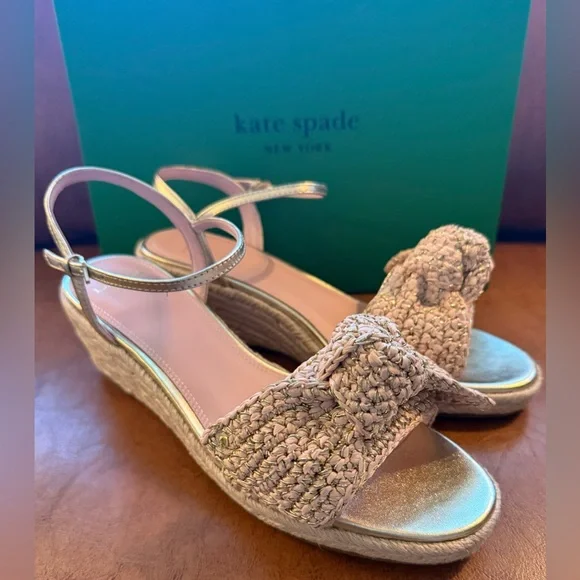 Kate Spade Women LEATHER Bow Strap Espadrille Wedge Platform Sandal 9.5 B GOLD - Picture 6 of 9